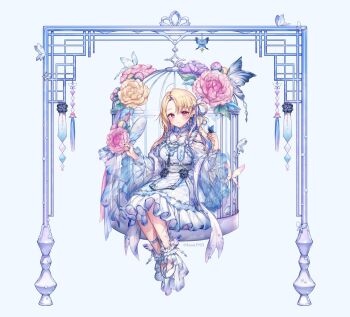 1girl :3 ahoge ankle_garter ankle_strap avatar_2.0_project bare_shoulders bell_sleeves birdcage blonde_hair blue_butterfly blue_dress blue_hair blue_nails blue_ribbon blush braid breast_curtains breasts bug butterfly butterfly_earrings butterfly_hair_ornament butterfly_on_hand cage charm_(object) chinese_clothes closed_mouth clothing_cutout collarbone colored_inner_hair commentary_request dress dress_flower earrings floral_print floral_print_dress flower foot_dangle frilled_dress frilled_sleeves frills full_body gem grey_background hair_ornament hair_ribbon hair_rings hairclip hand_fan hands_up highres holding holding_fan in_cage insect jewelry komeshiro_kasu lattice leg_tattoo legs_together lolita_fashion long_hair long_sleeves looking_at_viewer medium_breasts medium_dress minase_shia multicolored_hair nail_polish neck_tassel official_art pearl_(gemstone) peony_(flower) pink_butterfly pink_eyes pink_flower print_dress purple_flower qi_lolita ribbon see-through_clothes see-through_sleeves shawl shoes shoulder_cutout side_braid side_part simple_background single_earring single_hair_ring sitting smile solo tassel tassel_earrings tattoo tuanshan twitter_username two-tone_dress two-tone_hair virtual_youtuber white_butterfly white_dress white_shawl white_shoes winged_shoes wings yellow_flower