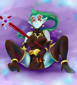 Rule 34 | absurdres, aqua hair, blue hair, blue skin, breasts, colored skin, demon girl, dragon ball, dragon ball (object), dragon ball heroes, earrings, facial mark, flatpancakesjim, grin, high heels, highres, jewelry, knees up, large breasts, legs apart, long hair, pointy ears, ponytail, potara earrings, putine (dragon ball), red eyes, simple background, sitting, skirt, smile, spread legs