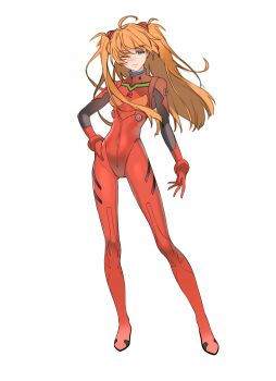 1girl berryberi0_0 blue_eyes blush bodysuit breasts brown_hair curvy embarrassed floating_hair full_body hand_on_own_hip highres long_hair looking_at_viewer mecha_pilot_suit narrow_waist neon_genesis_evangelion one_eye_closed plugsuit_(evangelion) shiny_clothes simple_background skin_tight solo souryuu_asuka_langley standing tsundere two_side_up very_long_hair white_background wide_hips