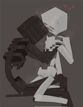 1kogito1 2boys black_skin blush colored_skin commentary english_commentary full_body grey_eyes half-closed_eyes hand_up heart highres leg_between_thighs minecraft multiple_boys shadow skeleton_(minecraft) sweat trembling undead white_skin wither_skeleton_(minecraft) yaoi