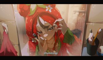 1girl absurdres bathroom black_streaks blue_eyes hakos_baelz hakos_baelz_(strawberry_onesie) highres hololive hololive_english hood hood_up hooded_pajamas indoors insfidelie mirror multicolored_hair official_alternate_costume pajamas red_hair red_pajamas reflection reflection_focus soap_bubbles solo subtitled toothbrush toothpaste towel virtual_youtuber white_hair