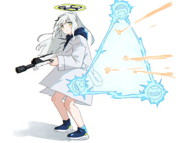 1girl blocking blue_archive blue_hoodie blue_shoes blush_stickers bullpup char&#039;s_counterattack closed_mouth coat commentary drone energy_barrier from_side full_body green_eyes green_halo gun gundam hair_ornament halo hare_(blue_archive) highres holding holding_gun holding_weapon hood hoodie kel-tec_rfb long_hair long_sleeves projectile_trail rifle shoes sidelocks simple_background solo standing sugidoritos sweatdrop weapon white_background white_coat white_hair