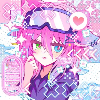 Rule 34 | 1girl, :p, animal ear piercing, animal ears, blue background, blue eyes, blush, borrowed character, cat ears, cat girl, cat tail, closed mouth, commentary, commission, dot nose, double-parted bangs, goggles, goggles on head, green eyes, hair between eyes, hair ornament, hairclip, hand up, heart, heterochromia, highres, hood, hood down, hoodie, long sleeves, looking at viewer, original, pink background, portrait, purple hoodie, shirocha tei, skeb commission, solo, sparkle, spoken heart, tail, tongue, tongue out, twitter username, two-tone background, watermark, x hair ornament