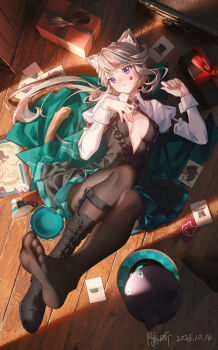 1girl animal_ear_fluff animal_ears black_pantyhose boots breasts cat_ears cat_girl cat_tail commentary english_commentary facial_mark facial_tattoo feet feet_up full_body geduan genshin_impact highres knees_together_feet_apart legs looking_at_viewer lynette_(genshin_impact) no_bra no_shoes pantyhose purple_eyes revision shirt soles star_(symbol) star_facial_mark star_tattoo tail tattoo toes white_hair white_shirt