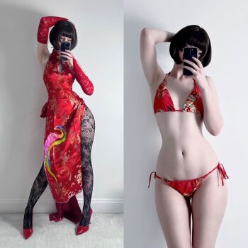 1girl anna_williams anna_williams_(cosplay) armpits bikini breasts bridal_gauntlets brown_hair cellphone china_dress chinese_clothes cleavage_cutout clothing_cutout cosplay cosplay_photo dress female_focus floral_print full_body high_heels highres holding holding_phone multiple_views namco pantyhose phone photo_(medium) print_pantyhose real_life red_bikini selfie sharkparty short_hair side_slit sleeveless sleeveless_dress smartphone standing swimsuit tekken tekken_6 turtleneck