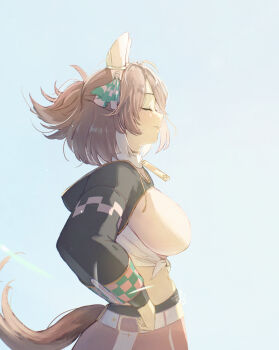 1girl animal_ears black_leggings black_shrug blush bow breasts brown_hair checkered_ribbon closed_eyes closed_mouth dantsu_flame_(center_spotlight)_(umamusume) dantsu_flame_(umamusume) ear_covers ear_ornament ear_ribbon from_side hair_between_eyes highres horse_ears horse_girl horse_tail large_breasts leggings leggings_under_shorts midriff multicolored_hair navel orusun pink_shirt pink_shorts shirt shorts shrug_(clothing) smile solo tail tied_shirt umamusume white_hair white_shirt