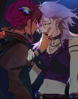 2girls amity_blight beanie black_bra black_choker blush bra brown_hair choker crop_top ear_piercing earrings hand_on_another&#039;s_face hat jewelry kuma20151225 looking_at_another luz_noceda midriff multicolored_hair multiple_girls navel necklace open_mouth piercing pointy_ears purple_hair purple_hat purple_shirt shirt strap_slip streaked_hair stud_earrings the_owl_house underwear upper_body yellow_eyes yuri