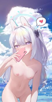 1girl absurdres animal_ears black_bow blue_archive blush bow breasts cellphone cleft_of_venus cloud commentary_request completely_nude cowboy_shot fake_animal_ears grey_eyes groin hair_bow halo heart heart-shaped_pupils highres holding holding_phone long_hair miyako_(blue_archive) navel nipples nude nudist ocean outdoors phone pussy rabbit_ears seka_(sekakoala) sky small_breasts solo sparkle symbol-shaped_pupils uncensored white_hair