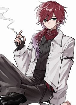 1boy absurdres alternate_costume black_gloves black_shirt black_shoes braid cigarette closed_mouth clothing_cutout figure_four_sitting fingerless_gloves gloves gradient_hair green_eyes hair_between_eyes hashtag-only_commentary highres holding holding_cigarette jacket lauren_iroas long_hair looking_to_the_side male_focus multicolored_hair nijisanji open_clothes open_jacket red_hair shirt shoes side_ponytail simple_background single_braid sitting smoke smoke_trail smoking solo toya07144 virtual_youtuber white_background white_jacket