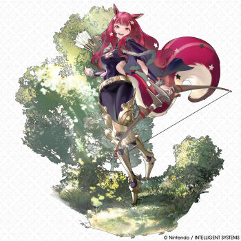 1girl absurdres animal_ears armored_legwear arrow_(projectile) belt bodysuit bow_(weapon) breasts capelet cleavage clothing_cutout commentary english_commentary facial_mark fire_emblem fire_emblem_engage fire_emblem_shadows full_body fur-trimmed_capelet fur_trim gold_belt hair_ornament highres holding holding_bow_(weapon) holding_weapon kemonomimi_mode nintendo nishikikope official_art open_mouth outdoors purple_bodysuit purple_capelet quiver second-party_source side_cutout smile solo squirrel_ears squirrel_girl squirrel_tail star_(symbol) star_facial_mark star_hair_ornament tail weapon yellow_belt yunaka_(fire_emblem) yunaka_(hidden_mask)_(fire_emblem)