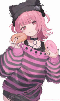 1girl black_hat black_nails black_shirt cat_ornament chain collarbone commentary contrapposto cowboy_shot donut eating food food_on_face hair_ornament hat jewelry jirai_kei medium_hair original pink_hair pink_sweater pom_pom_(clothes) pom_pom_hair_ornament red_eyes red_sweater ring shirt short_shorts shorts shugao simple_background solo striped_clothes sweater symbol-only_commentary two-tone_sweater two_side_up white_background