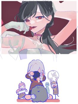 Rule 34 | . ., 5girls, :3, anyoji hime, arms up, bare shoulders, black hair, brown dress, camera, ceras yanagida lilienfeld, commentary request, dress, gloves, hasu no sora school uniform, highres, holding, holding camera, kachimachi kosuzu, katsuragi izumi, katsuragi izumi (17th birthday), link! like! love live!, long hair, long sleeves, looking at viewer, love live!, low side ponytail, lying, momose ginko, multiple girls, neckerchief, on back, open mouth, orange eyes, photo shoot, pipi (m1x mix), red neckerchief, sailor collar, sailor dress, school uniform, smile, strapless, strapless dress, taking picture, virtual youtuber, white dress, white gloves, white hair, white sailor collar, winter uniform, yellow neckerchief