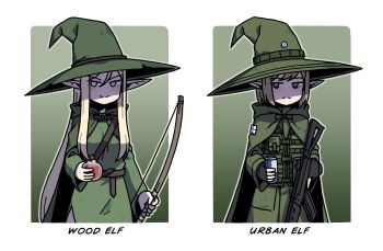 2girls black_gloves blonde_hair bow_(weapon) brown_hair can cloak drink_can elf fingerless_gloves flask frown gloves gradient_background green_background green_cloak green_hat green_tunic hat holding holding_can holding_flask holding_potion holding_weapon jitome karepack long_sleeves military_uniform multiple_girls pointy_ears potion red_bull simple_background smile soda_can tactical_clothes trigger_discipline tunic weapon witch_hat