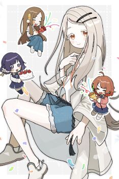 4girls ahoge belt black_belt blonde_hair blouse blue_shorts blue_skirt blunt_ends blush blush_stickers border braid brown_hair cake camisole cardigan chibi closed_eyes closed_mouth colored_eyelashes commentary confetti denim denim_shorts flower food from_side full_body gakuen_idolmaster grey_background grey_robe hair_flower hair_ornament hairclip hanami_ume hand_on_own_chest hand_up hataya_misuzu hatsuboshi_gakuen_school_uniform highres holding holding_party_popper holding_plate idolmaster kamomeat_29 kuramoto_china laurels leaf_hair_ornament long_hair long_skirt long_sleeves looking_at_viewer medium_hair midriff_peek multiple_girls open_clothes open_mouth open_robe orange_eyes orange_ribbon outline outside_border parallel_hairclips parted_bangs party_popper pink_cardigan plate purple_eyes purple_hair ribbon robe rope_belt school_uniform shinosawa_hiro shirt shoes shorts side_braid skirt smile strawberry_cake streamers symbol-only_commentary white_border white_camisole white_flower white_outline white_shirt white_shoes wide_sleeves wristband