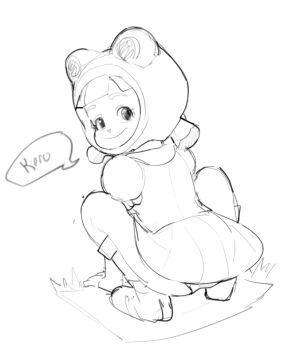 1girl all_fours animal_hat artist_request ass brown_hair chibi-robo! crouching frog frog_hat from_behind grass hat jenny_sanderson kneehighs loli looking_at_viewer looking_back low_twintails nintendo panties pink_skirt puffy_sleeves shirt shoes short_hair short_sleeves sketch skirt smile socks speech_bubble squatting twintails underwear vest