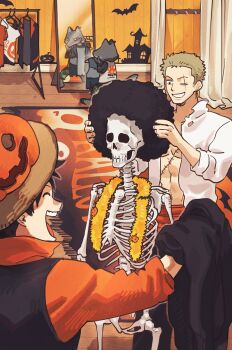 Rule 34 | 2boys, afro, animal, bat (animal), black hair, black vest, commentary, fox, green hair, hat, highres, male focus, mirror, monkey d. luffy, multiple boys, one eye closed, one piece, open clothes, open mouth, open shirt, orange shirt, parted lips, popped collar, pumpkin, roronoa zoro, sash, scar, scar across eye, scar on face, shirt, shopping, short hair, skeleton, sleeves rolled up, smile, straw hat, symbol-only commentary, toku0034, vest, white shirt