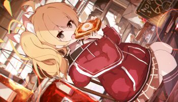 1girl ahoge black_socks blonde_hair blue_archive blush bread bread_slice cafe chamoraile food fried_egg fried_egg_on_toast halo highres holding holding_food jacket kneehighs looking_at_viewer open_mouth red_jacket red_skirt sailor_collar sitting skirt socks solo toast twintails white_sailor_collar yellow_eyes yellow_halo yoshimi_(blue_archive)