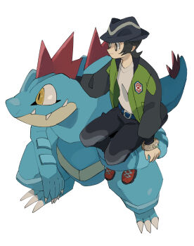 1boy belt belt_buckle black_hair black_hat black_pants blue_skin buckle carrying carrying_person claws closed_mouth colored_skin feraligatr gen_2_pokemon grey_eyes hat highres jacket long_sleeves male_focus mashita._(mentaiko_omoti) multicolored_jacket nintendo pants paxton_(pokemon) pokemon pokemon_(creature) pokemon_legends:_z-a sharp_teeth shirt shirt_tucked_in simple_background solo spines teeth two-tone_jacket v-neck white_background white_shirt yellow_eyes