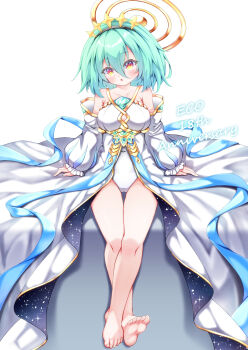 1girl anniversary bare_shoulders barefoot breasts cleavage cleavage_cutout clothing_cutout emil_chronicle_online gold_halo green_hair haneno_hitsuji highres jacket large_breasts leotard open_mouth origin_(emil_chronicle_online) sleeveless sleeveless_jacket solo star_hairband white_background white_jacket white_leotard yellow_eyes