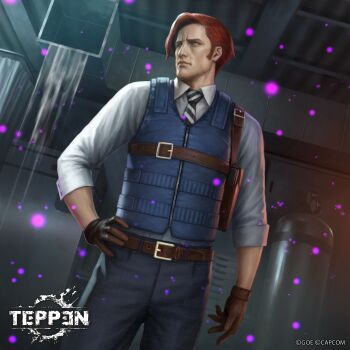 Rule 34 | 1boy, blue eyes, bulletproof vest, capcom, denim, gloves, gun, handgun, highres, holster, jeans, kuroiwa enu, necktie, official art, pants, pistol, raymond vester, red hair, resident evil, resident evil: revelations, shirt, slime (substance), teppen, vent (object), weapon, white shirt