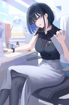 1girl aged_up alternate_costume alternate_hairstyle black_hair black_shirt blue_archive blue_eyes blunt_bangs blurry bob_cut book book_stack bottle cellphone chair clipboard collared_shirt colored_inner_hair commentary_request computer_mouse crossed_legs cup depth_of_field desk desk_lamp energy_drink exhausted halo head_hold head_tilt high-waist_skirt highres holding holding_clipboard holding_computer_mouse id_card indoors lamp lanyard looking_at_viewer mug multicolored_hair office office_chair office_lady okano_yuuto on_chair pantyhose paper_stack parted_lips pencil_skirt phone saori_(blue_archive) shirt short_hair side_slit sidelocks sitting skirt sleeveless sleeveless_shirt smartphone solo sweatdrop swivel_chair two-tone_hair watch wristwatch