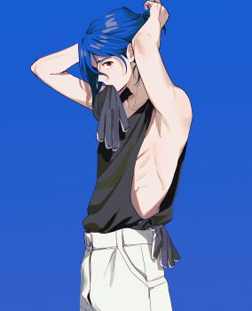 Rule 34 | 1boy, absurdres, arms up, black gloves, black tank top, blue background, blue hair, collarbone, commentary, from side, glove in mouth, gloves, gundam, gundam gquuuuuux, highres, korean commentary, looking at viewer, looking to the side, male focus, mouth hold, otakulifewow, pants, parted bangs, shirt tucked in, shuji ito, sideless outfit, solo, tank top, tying hair, unworn gloves, white pants
