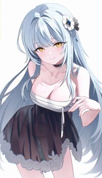 1girl absurdres bare_arms bare_shoulders biryu_soso black_choker black_skirt breasts choker cleavage closed_mouth commentary_request commission covered_navel cowboy_shot flower fymrie hair_flower hair_ornament highres korean_commentary large_breasts leaning_forward long_hair looking_at_viewer original sarashi second-party_source see-through_clothes see-through_skirt simple_background skirt smile solo sweat very_long_hair white_background white_hair yellow_eyes