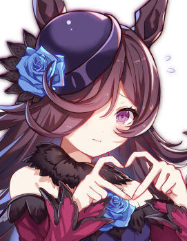 1girl animal_ears bare_shoulders blue_flower blue_hat blue_rose blush breasts brown_hair closed_mouth dress fascinator flipped_hair flower four-finger_heart_hands fur_choker hair_over_one_eye hat hat_flower heart heart_hands highres horse_ears horse_girl long_hair long_sleeves looking_at_viewer off-shoulder_dress off_shoulder purple_eyes rice_shower_(rosy_dreams)_(umamusume) rice_shower_(umamusume) rose small_breasts solo tilted_headwear umamusume upper_body zbobo
