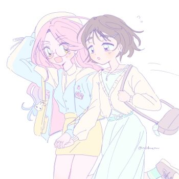 2girls :o alien_stage alternate_costume bag bag_charm beret black_hair blue_cardigan blue_dress blue_hair cardigan charm_(object) coldmeow commentary dress earrings english_commentary flying_sweatdrops green_skirt hair_ornament hairclip hand_on_headwear hat highres holding_hands jewelry long_hair mizi_(alien_stage) multicolored_hair multiple_girls open_mouth pearl_earrings pearl_hair_ornament pencil_skirt purple_eyes rabbit_earrings running short_hair shoulder_bag signature skirt sua_(alien_stage) two-tone_hair very_long_hair white_cardigan white_hat yellow_bag yellow_eyes