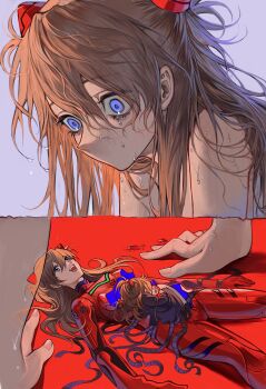 2girls absurdres aged_down arm_support bare_shoulders bodysuit broken character_doll child crying doll dress dual_persona fetal_position film_strip fingernails grey_background hair_between_eyes hair_bobbles hair_ornament hands_on_ground highres hollow_body hugging_doll hugging_object huli_xiaobai interface_headset_(evangelion) looking_down lying mecha_pilot_suit messy_hair mixed-language_commentary multiple_girls multiple_views neon_genesis_evangelion no_mouth on_back on_side orange_hair plugsuit_(evangelion) red_background red_bodysuit red_dress red_pupils souryuu_asuka_langley split_screen stuffed_toy surreal symbolism transparent two_side_up wet