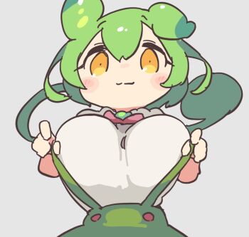 Rule 34 | 1girl, :3, alternate breast size (larger), animal ears, blush, breasts, brooch, buttons, commentary request, double-parted bangs, floating hair, green hair, green shorts, green suspenders, grey background, huge breasts, jewelry, light smile, long hair, one ear down, ponytail, sakamoto ahiru, shirt, shorts, simple background, solo, suspender shorts, suspenders, suspenders pull, tail-shaped hair, upper body, voicevox, white shirt, yellow eyes, zundamon