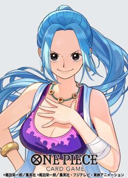 1girl bandages blue_hair bracelet brown_eyes closed_mouth commentary_request copyright_name earrings eyelashes floating_hair hand_on_own_hip jewelry looking_at_viewer necklace nefertari_vivi official_art one_piece one_piece_card_game otton ponytail sidelocks simple_background smile solo white_background