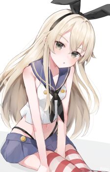 1girl anchor_hair_ornament black_hairband black_neckerchief black_panties blonde_hair blue_sailor_collar blue_skirt crop_top elbow_gloves gloves grey_eyes hair_ornament hairband highleg highleg_panties highres kantai_collection leaning_forward long_hair looking_at_viewer microskirt miniskirt neckerchief noko_(nco029685627) panties pleated_skirt sailor_collar shimakaze_(kancolle) shirt simple_background sitting skirt sleeveless sleeveless_shirt solo striped_clothes striped_thighhighs thighhighs underwear white_background white_gloves