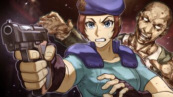 1girl absurdres aiming alejandro_pupo beret black_gloves blue_eyes blue_hat blue_shirt brown_hair commentary english_commentary fingerless_gloves gloves gun handgun hat highres jill_valentine resident_evil resident_evil_1 shirt shoulder_pads sweatdrop weapon zombie