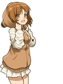 1girl blush boko_(girls_und_panzer) boko_(girls_und_panzer)_(cosplay) brown_eyes brown_hair cosplay girls_und_panzer happy highres murayama_kei nishizumi_miho open_mouth short_hair simple_background skirt solo standing white_background white_skirt