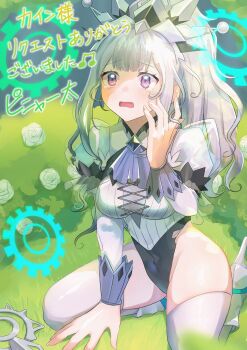 1girl ascot breasts covered_navel crying crying_with_eyes_open dress duel_monster flower grey_ascot hair_between_eyes hair_ornament high_heels highres long_sleeves maliss_&lt;q&gt;_white_binder medium_breasts pink_eyes pinyata_(pinyaland) ponytail puffy_sleeves rose solo tears translation_request wavy_eyes white_dress white_flower white_hair white_rose yu-gi-oh!