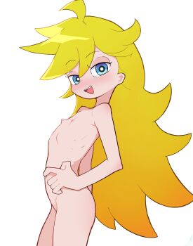 1girl absurdres blonde_hair blue_eyes completely_nude flat_chest highres loli long_hair looking_at_viewer mesugaki nipples nude open_mouth panty_&amp;_stocking_with_garterbelt panty_(psg) pepzi simple_background solo white_background