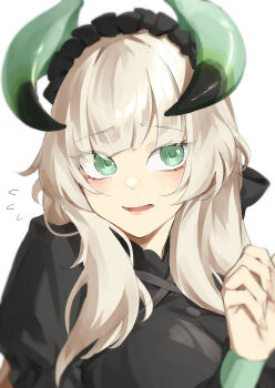 1girl absurdres black_dress chamber_dragonmaid dragon_girl dragon_horns dress duel flying_sweatdrops green_eyes highres horns light_blush long_hair long_sleeves maid meshida_(lux-far-accelerator) open_mouth puffy_long_sleeves puffy_sleeves solo white_hair yu-gi-oh!