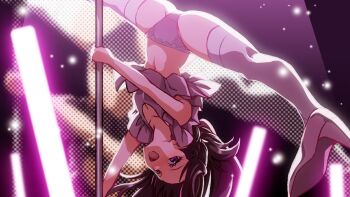 Rule 34 | 1girl, azki (hololive), dress, glowstick, high heels, highres, hololive, hololive grand theft auto, long hair, open mouth, panties, penlight (glowstick), pole, pole dancing, purple eyes, shoe soles, smile, solo, split, spread legs, stripper pole, thighhighs, underwear, upside-down, virtual youtuber, white thighhighs, yuto (dialique)