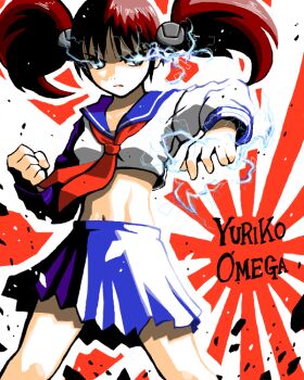 1girl abs asian black_hair blue_skirt breasts clenched_hand command_&amp;_conquer command_&amp;_conquer:_red_alert command_&amp;_conquer:_red_alert_3 electricity electrokinesis english_text floating floating_hair floating_object hair_tie japanese_flag johnnie lightning_glare looking_to_the_side midriff navel neckerchief red_neckerchief rising_sun_flag school_uniform shirt skirt small_breasts solo sunburst telekinesis thighs toned toned_female twintails upper_body yuriko_omega