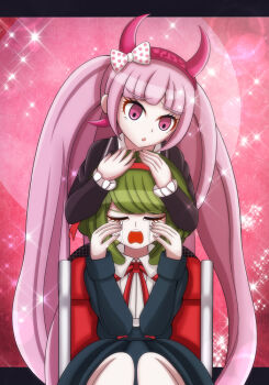 2girls behind_another black_border black_dress black_jacket border bow bowtie child closed_eyes collared_dress collared_shirt crying danganronpa_(series) danganronpa_another_episode:_ultra_despair_girls dress eyebrows eyelashes fake_horns female_focus hair_bow hair_ribbon hairband headband holding_person horned_headwear horns jacket long_hair long_sleeves looking_at_viewer looking_down matching_hair/eyes multiple_girls neck_ribbon open_mouth pink_background pink_eyes pink_hair pink_hairband pink_headband pink_horns pleated_dress polka_dot polka_dot_bow red_background red_bow red_chair red_hairband red_headband red_ribbon ribbon shirt sitting sparkle standing teeth towa_monaca twintails upper_body upper_teeth_only utsugi_kotoko white_shirt