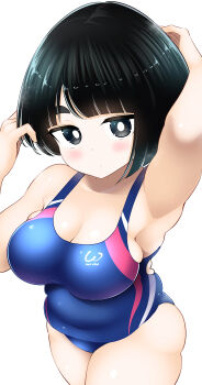 1girl absurdres big_mukimuki_&amp;_small_muchimuchi black_hair blue_one-piece_swimsuit blush breasts cleavage competition_swimsuit highres hinoharaf_(14310486) large_breasts medium_hair one-piece_swimsuit shiina_(big_mukimuki_&amp;_small_muchimuchi) solo swimsuit thick_eyebrows thick_thighs thighs white_background