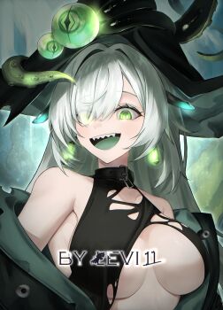 1girl absurdres artist_name azur_lane black_coat black_hat breasts coat colored_tongue earrings eyes_visible_through_hair green_eyes green_hair green_tongue hair_over_one_eye hat heterochromia highres jewelry large_breasts levi11 looking_at_viewer open_mouth pirate pirate_hat royal_james_(azur_lane) sharp_teeth solo suction_cups teeth tentacles upper_body yellow_eyes