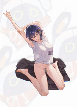 1girl absurdres arm_up barefoot belle_(zenless_zone_zero) blue_hair bottomless bow censored electric_fan eous_(zenless_zone_zero) female_pubic_hair full_body highres kryp132 large_bow pubic_hair shirt short_hair sitting stretching wariza white_shirt zenless_zone_zero