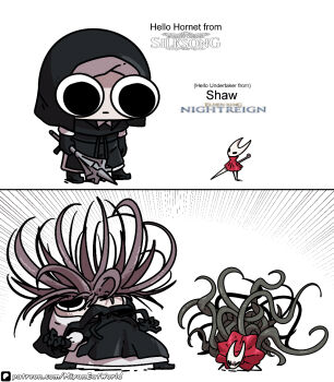 2girls chibi elden_ring elden_ring_nightreign emphasis_lines hello_yoshi_from_super_mario_(meme) holding holding_mace holding_weapon hollow_knight hollow_knight:_silksong hornet_(hollow_knight) mace meme miyan_(oceanmaiden) multiple_girls needle_(hollow_knight) size_difference tentacles undertaker_(elden_ring) weapon