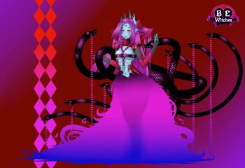 1girl animated animated_gif bandeau be_witches blue_eyes blue_skin breast_expansion breast_reduction breasts bursting_breasts colored_sclera colored_skin deep_skin female_focus full_body gigantic_breasts highres horns huge_breasts hydra large_breasts nosebecc official_art personification pink_sclera pointy_ears purple_hair skindentation snake solo