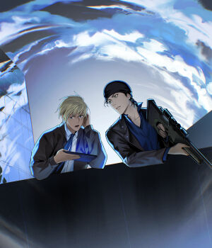 2boys absurdres akai_shuuichi amuro_tooru beanie black_hair black_jacket blonde_hair blue_eyes blue_shirt cloud collared_shirt commentary_request gun hat highres holding holding_gun holding_tablet_pc holding_weapon jacket kotomine_(a1569) looking_at_another male_focus meitantei_conan multiple_boys open_mouth outdoors parted_lips rifle scope shirt short_hair sniper_rifle tablet_pc weapon