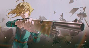 1girl aci_drawx ahoge aiming artist_logo artist_name belt blonde_hair brown_belt closed_mouth fingernails floating_hair glitch green_jacket gun hair_between_eyes hands_up high_ponytail holding holding_gun holding_weapon huge_ahoge jacket logo long_hair long_sleeves looking_at_viewer medal military military_jacket military_uniform ponytail rainbow rifle ruins sidelocks sniper_rifle solo standing tanya_degurechaff watermark weapon white_background yellow_eyes youjo_senki