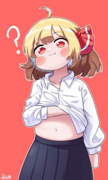 1girl :3 ? ahoge black_skirt blonde_hair blush_stickers collarbone collared_shirt commentary english_commentary fang hair_ribbon highres long_sleeves looking_at_viewer red_background red_eyes red_ribbon ribbon rion_(user_ufvg8527) rumia scratching_stomach shirt short_hair simple_background skirt solo stomach touhou two-tone_ribbon white_ribbon white_shirt