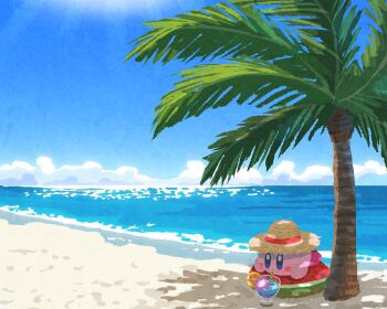 beach blue_eyes blue_sky blush_stickers brown_hat cloud colored_skin commentary cup day drinking drinking_straw hat innertube kirby kirby_(series) lying miclot nintendo no_humans ocean on_stomach palm_tree pink_skin sand sky straw_hat swim_ring symbol-only_commentary tree under_tree water